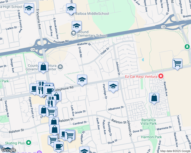 map of restaurants, bars, coffee shops, grocery stores, and more near 6555 Telephone Road in Ventura