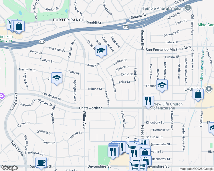 map of restaurants, bars, coffee shops, grocery stores, and more near 10824 Crebs Avenue in Los Angeles