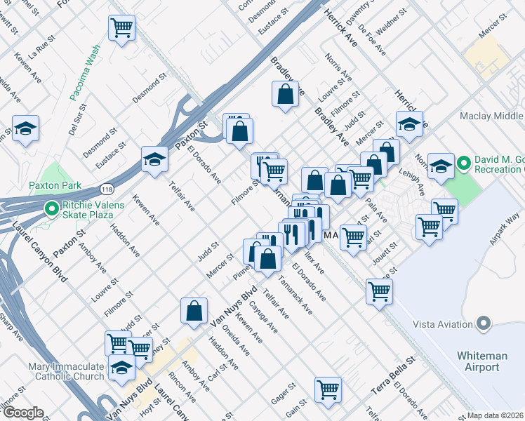 map of restaurants, bars, coffee shops, grocery stores, and more near 10853 Ilex Avenue in Los Angeles