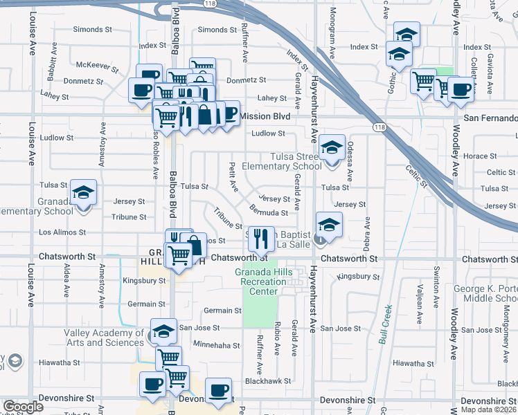 map of restaurants, bars, coffee shops, grocery stores, and more near 16745 Bermuda Street in Los Angeles