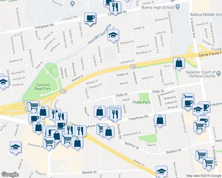 map of restaurants, bars, coffee shops, grocery stores, and more near 734 Balfe Street in Ventura