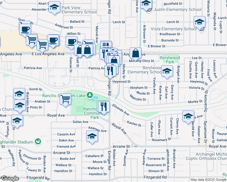 map of restaurants, bars, coffee shops, grocery stores, and more near 1956 Heywood Street in Simi Valley
