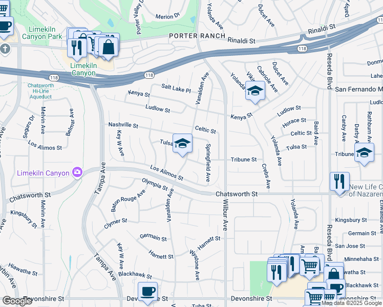 map of restaurants, bars, coffee shops, grocery stores, and more near 10864 Vanalden Avenue in Los Angeles