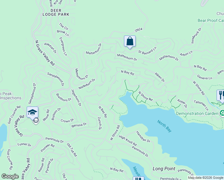 map of restaurants, bars, coffee shops, grocery stores, and more near 27561 North Bay Road in Lake Arrowhead
