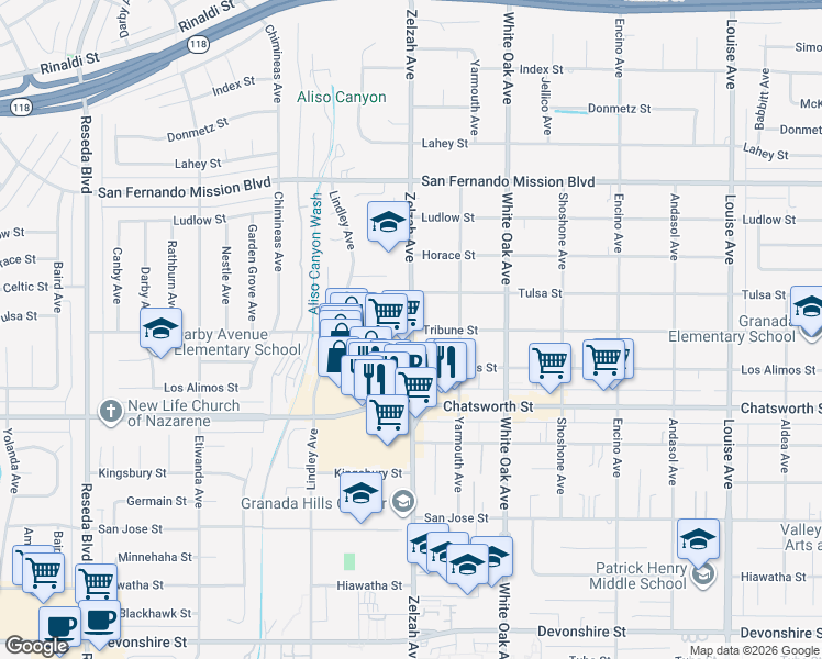map of restaurants, bars, coffee shops, grocery stores, and more near Tribune Street in San Fernando