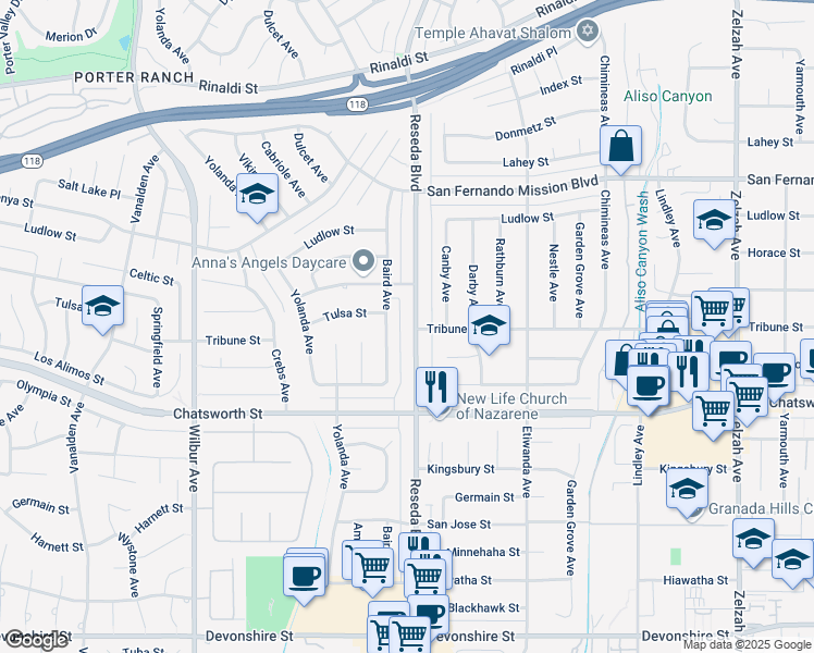 map of restaurants, bars, coffee shops, grocery stores, and more near 10846 Reseda Boulevard in Los Angeles