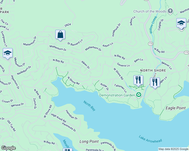 map of restaurants, bars, coffee shops, grocery stores, and more near 27914 West Shore Road in Lake Arrowhead