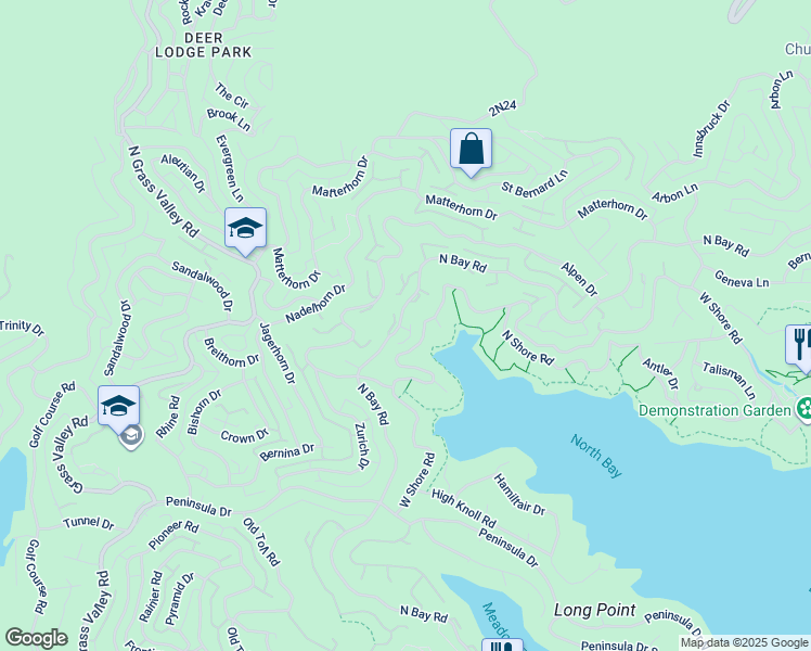 map of restaurants, bars, coffee shops, grocery stores, and more near 27561 North Bay Road in Lake Arrowhead