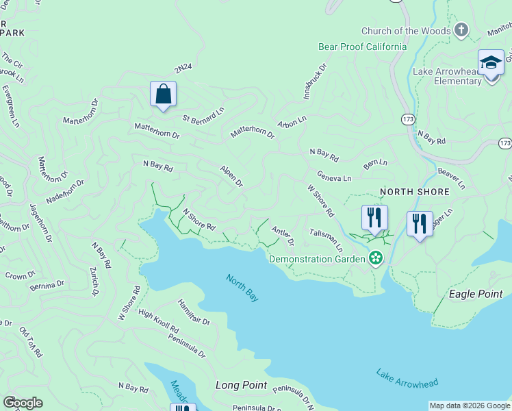 map of restaurants, bars, coffee shops, grocery stores, and more near 987 Lemont Way in Lake Arrowhead