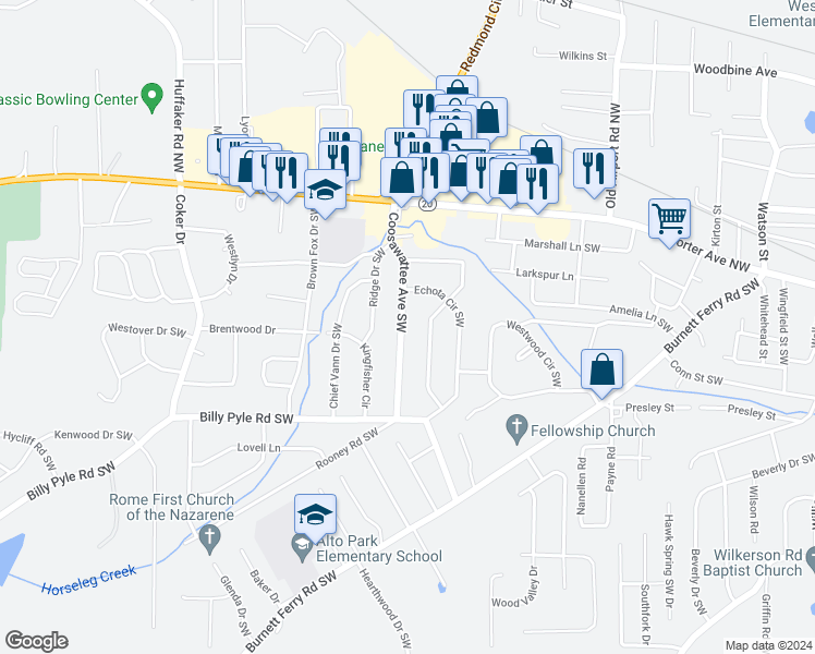 map of restaurants, bars, coffee shops, grocery stores, and more near 209 Coosawattee Avenue Southwest in Rome