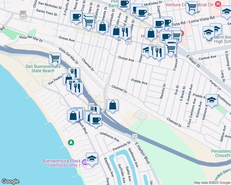 map of restaurants, bars, coffee shops, grocery stores, and more near 2392 Haley Point Drive in Ventura
