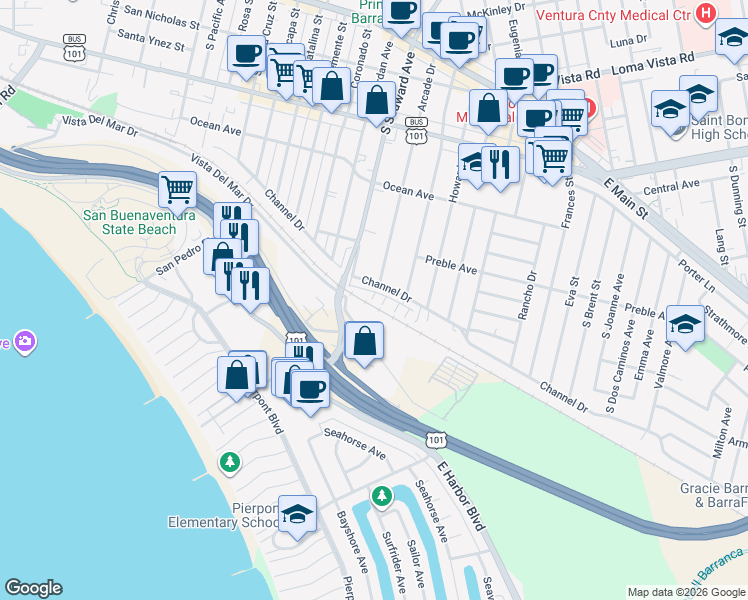 map of restaurants, bars, coffee shops, grocery stores, and more near 2380 Haley Point Drive in Ventura