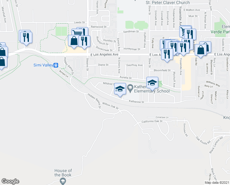 map of restaurants, bars, coffee shops, grocery stores, and more near 5330 Leland Cir in Simi Valley
