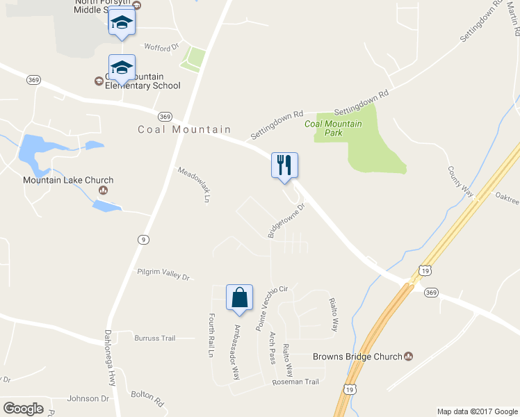 map of restaurants, bars, coffee shops, grocery stores, and more near 3657 Holliwell Pass Roseman Landing in Cumming