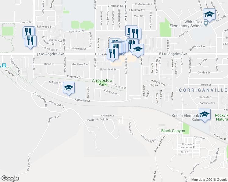 map of restaurants, bars, coffee shops, grocery stores, and more near 5729 Eunice Avenue in Simi Valley