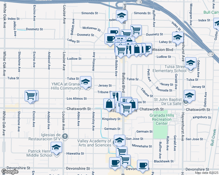 map of restaurants, bars, coffee shops, grocery stores, and more near 17060 Jersey Street in Los Angeles