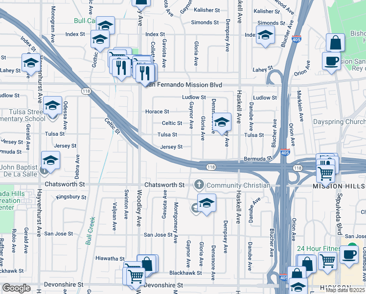 map of restaurants, bars, coffee shops, grocery stores, and more near 16001 Jersey Street in Los Angeles