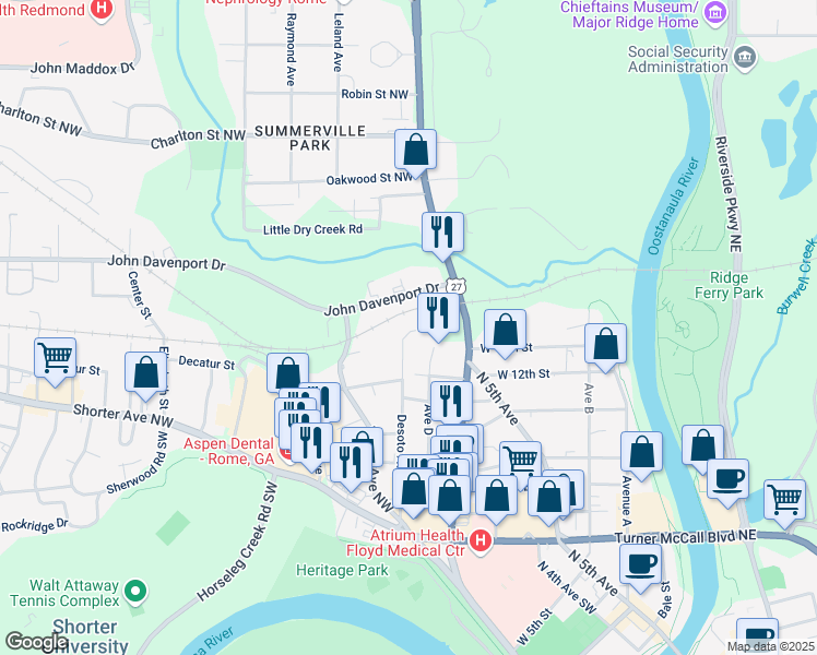 map of restaurants, bars, coffee shops, grocery stores, and more near 1202 Desoto Avenue Northwest in Rome