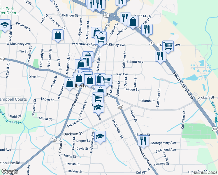 map of restaurants, bars, coffee shops, grocery stores, and more near 100 Glover Street in Albertville