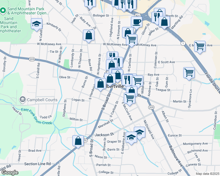 map of restaurants, bars, coffee shops, grocery stores, and more near 113 South Broad Street in Albertville