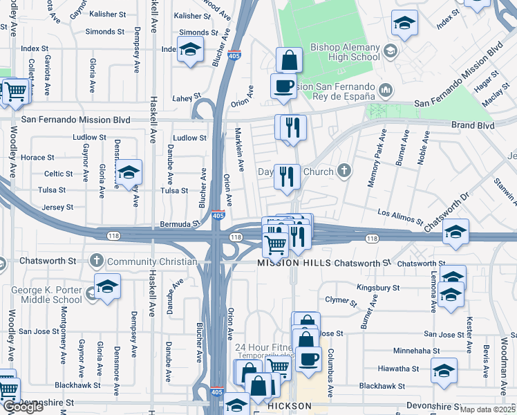 map of restaurants, bars, coffee shops, grocery stores, and more near 10819 Langdon Avenue in Los Angeles