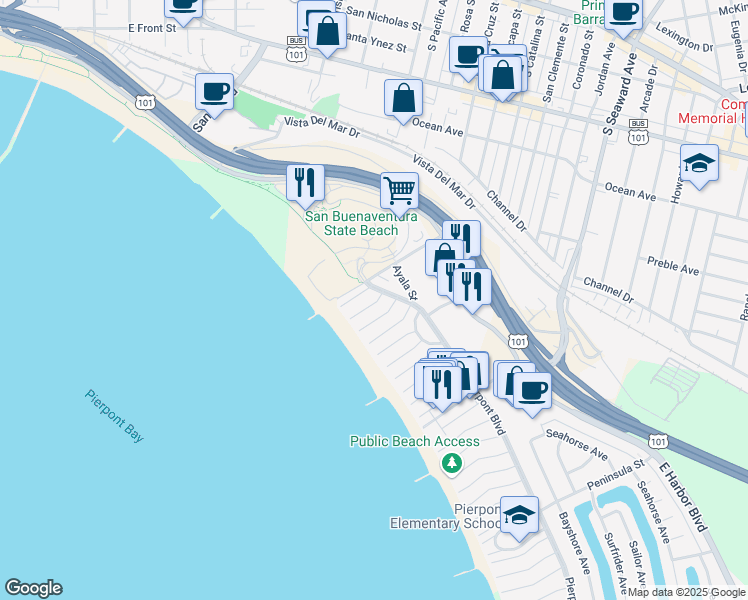 map of restaurants, bars, coffee shops, grocery stores, and more near 923 Woodstock Lane in Ventura