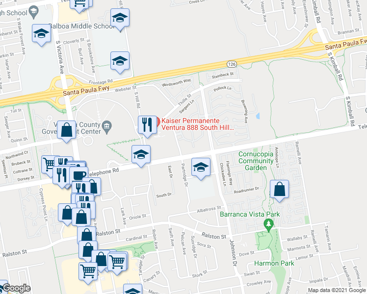 map of restaurants, bars, coffee shops, grocery stores, and more near 1050 Partridge Drive in Ventura