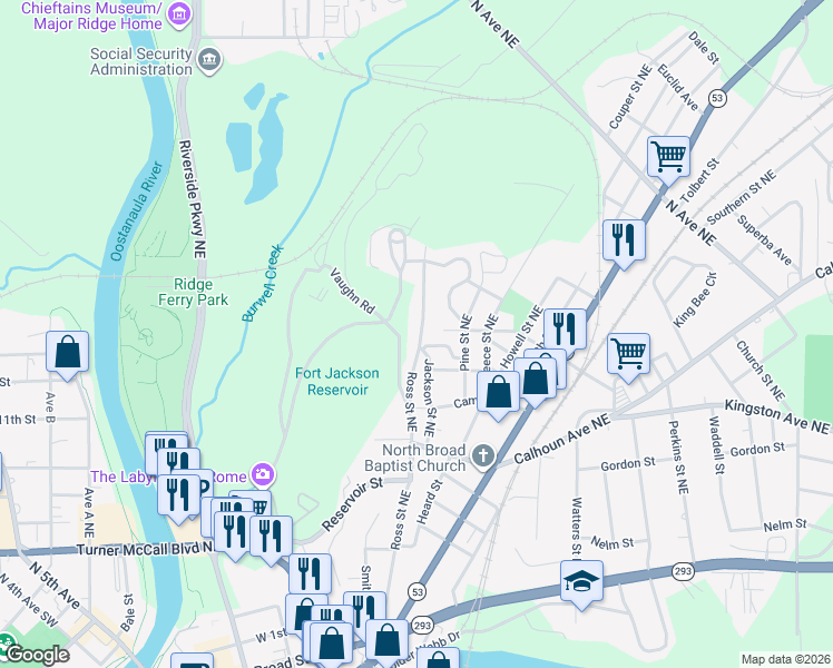 map of restaurants, bars, coffee shops, grocery stores, and more near 327 Ross Street Northeast in Rome