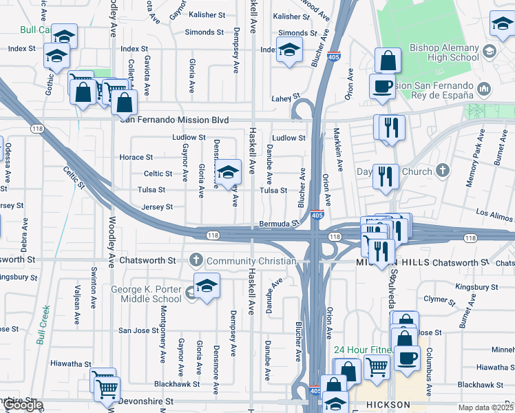 map of restaurants, bars, coffee shops, grocery stores, and more near 10834 Haskell Avenue in Los Angeles