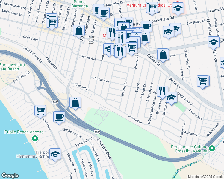 map of restaurants, bars, coffee shops, grocery stores, and more near 2674 Dawson Avenue in Ventura