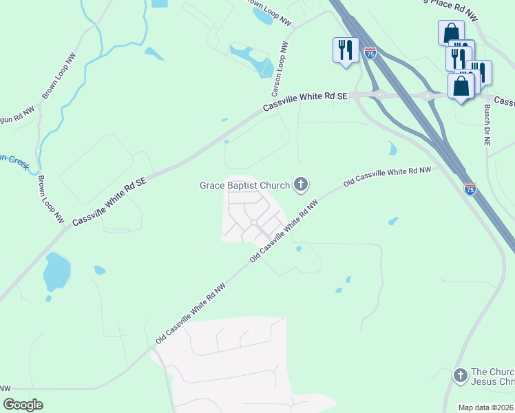 map of restaurants, bars, coffee shops, grocery stores, and more near 17 Samuel Way in Cartersville