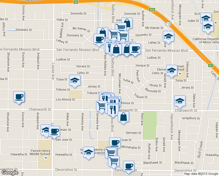 map of restaurants, bars, coffee shops, grocery stores, and more near 10847 Balboa Boulevard in Los Angeles
