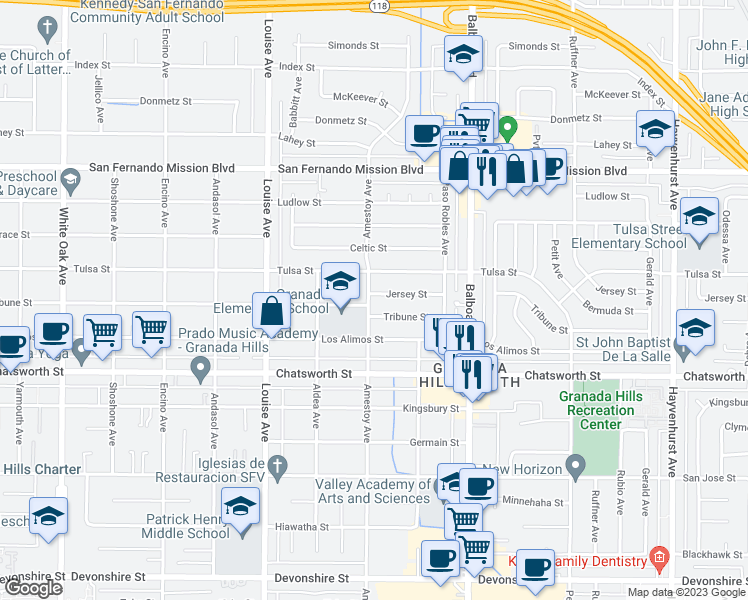 map of restaurants, bars, coffee shops, grocery stores, and more near 17132 Jersey Street in Los Angeles