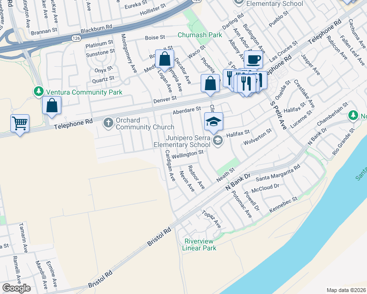 map of restaurants, bars, coffee shops, grocery stores, and more near 1359 Coventry Avenue in Ventura