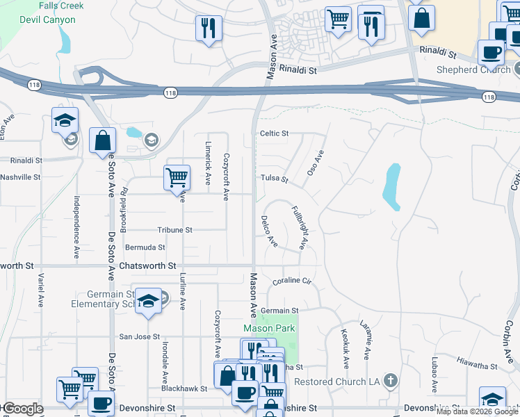 map of restaurants, bars, coffee shops, grocery stores, and more near 10841 Delco Avenue in Los Angeles