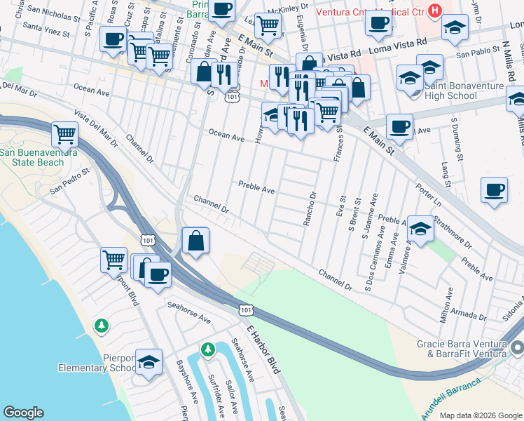 map of restaurants, bars, coffee shops, grocery stores, and more near 560 Jones Street in Ventura