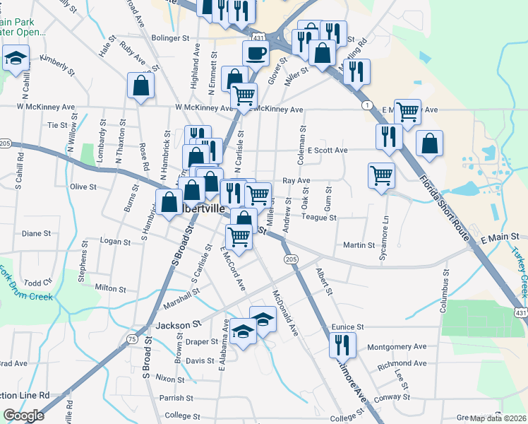 map of restaurants, bars, coffee shops, grocery stores, and more near 100 Glover Street in Albertville