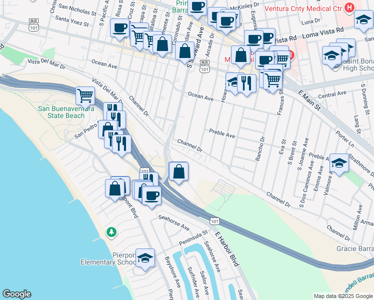 map of restaurants, bars, coffee shops, grocery stores, and more near Haley Point Drive in Ventura