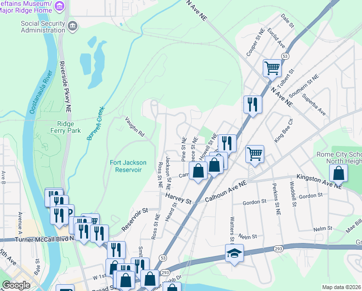 map of restaurants, bars, coffee shops, grocery stores, and more near 113 Pine Street Northeast in Rome