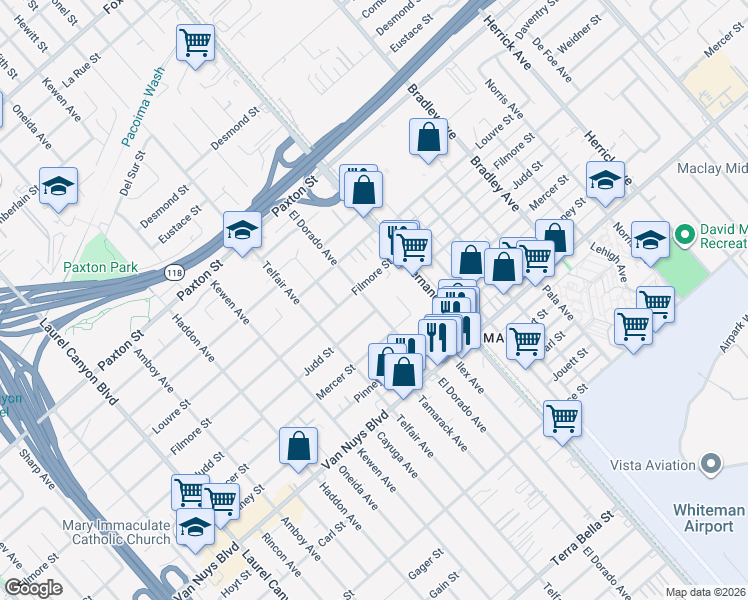 map of restaurants, bars, coffee shops, grocery stores, and more near 10846 El Dorado Avenue in Los Angeles