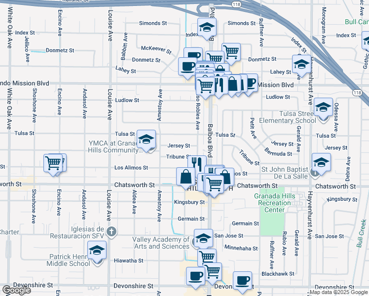 map of restaurants, bars, coffee shops, grocery stores, and more near 17060 Jersey Street in Los Angeles