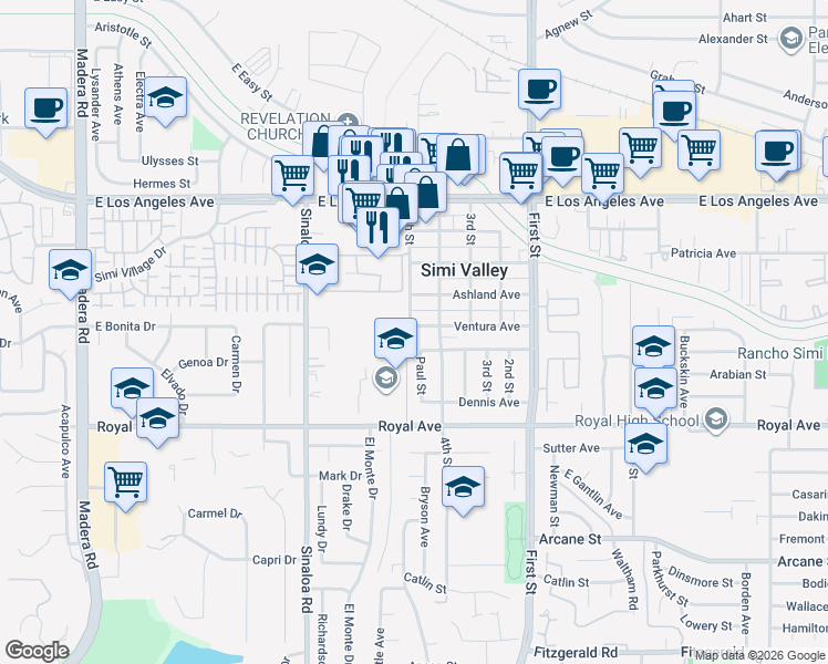 map of restaurants, bars, coffee shops, grocery stores, and more near 712 Ventura Avenue in Simi Valley