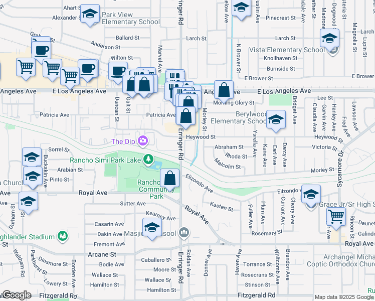 map of restaurants, bars, coffee shops, grocery stores, and more near 1956 Heywood Street in Simi Valley