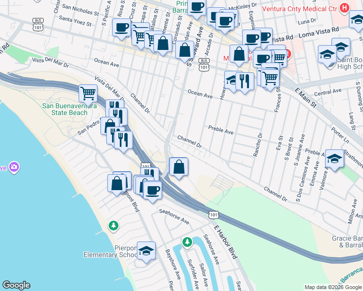 map of restaurants, bars, coffee shops, grocery stores, and more near 2364 Haley Point Drive in Ventura