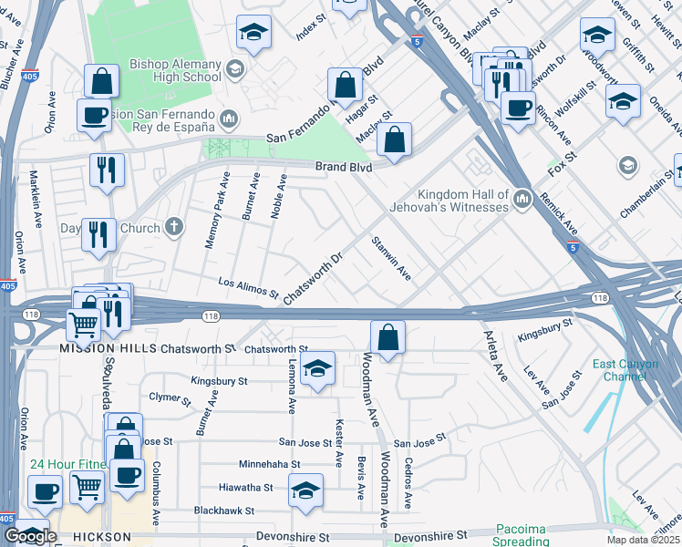 map of restaurants, bars, coffee shops, grocery stores, and more near 10864 Wolcott Place in Los Angeles