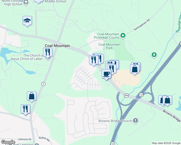 map of restaurants, bars, coffee shops, grocery stores, and more near 3642 Roseman Landing in Cumming