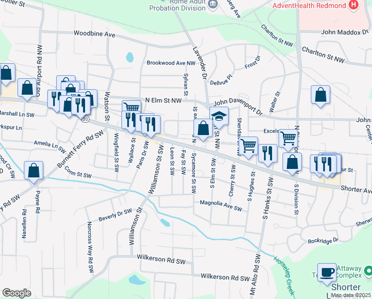 map of restaurants, bars, coffee shops, grocery stores, and more near 1103 Shorter Avenue in Rome