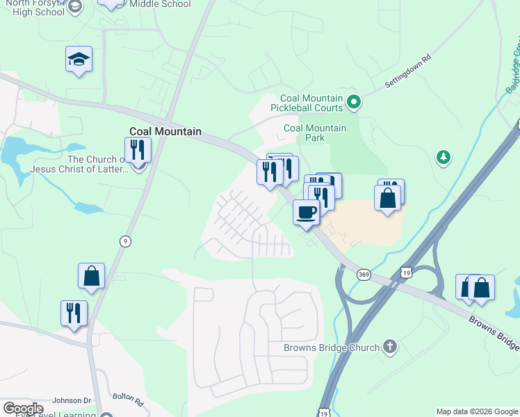 map of restaurants, bars, coffee shops, grocery stores, and more near 3642 Roseman Landing in Cumming