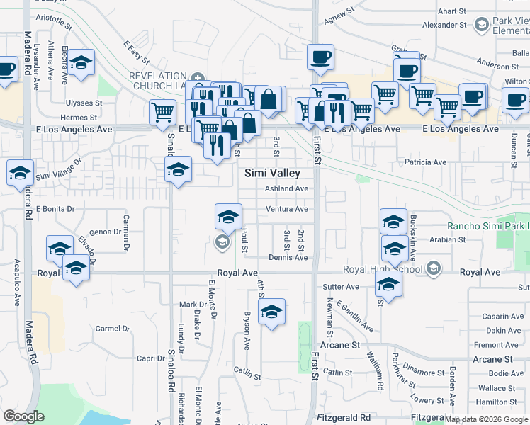 map of restaurants, bars, coffee shops, grocery stores, and more near 830 Ventura Avenue in Simi Valley