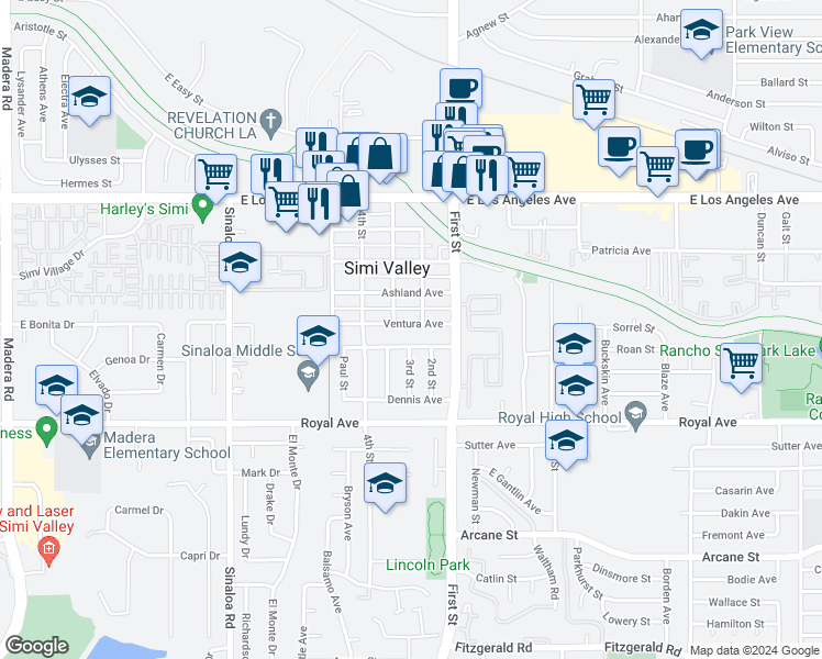 map of restaurants, bars, coffee shops, grocery stores, and more near 960 Ventura Avenue in Simi Valley